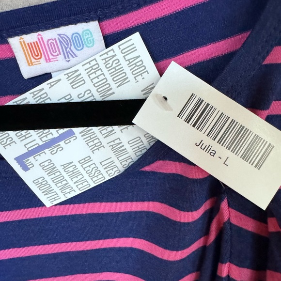 Brand New LuLaRoe Size L Dark Blue with Pink Stripe Julia Dress - Picture 3 of 6
